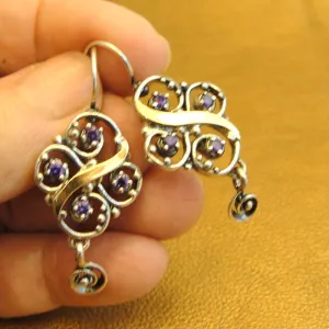 Hadar Designers Amethyst CZ Earrings 9k Yellow Gold 925 Silver Handmade () Last