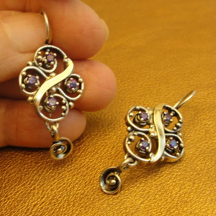 Hadar Designers Amethyst CZ Earrings 9k Yellow Gold 925 Silver Handmade () Last