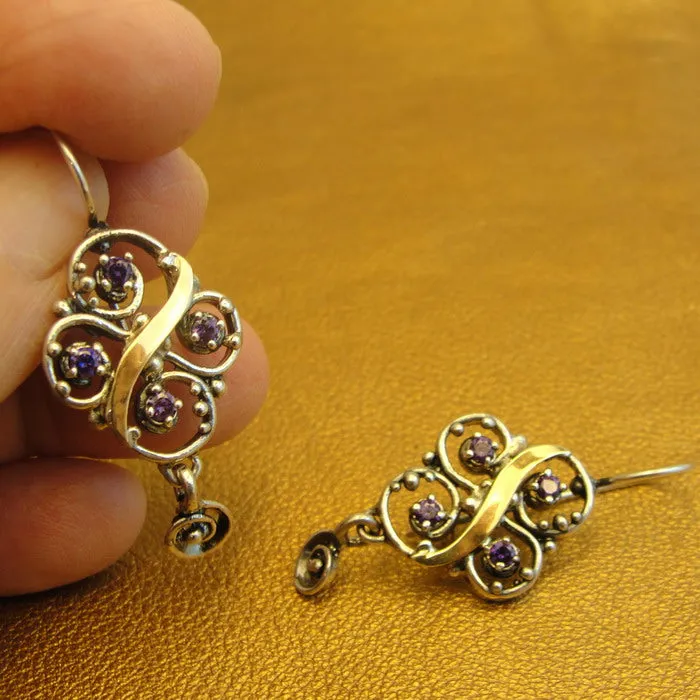 Hadar Designers Amethyst CZ Earrings 9k Yellow Gold 925 Silver Handmade () Last