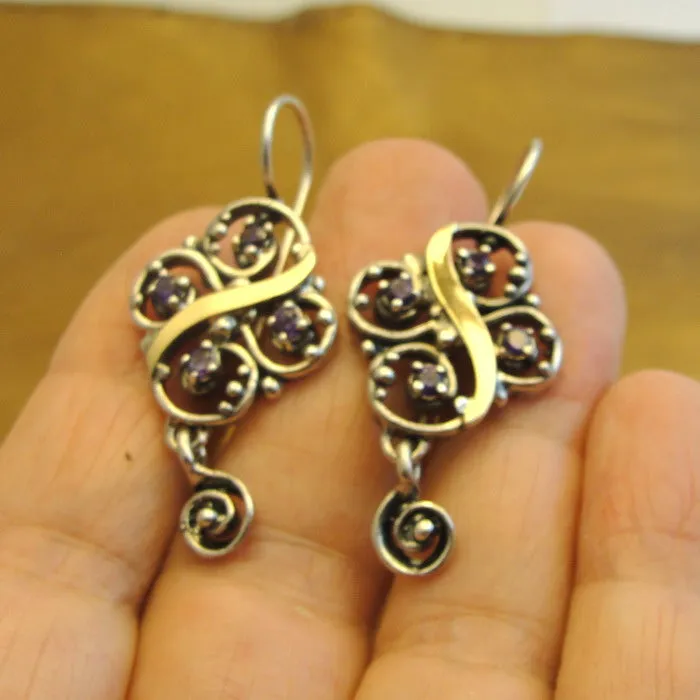 Hadar Designers Amethyst CZ Earrings 9k Yellow Gold 925 Silver Handmade () Last