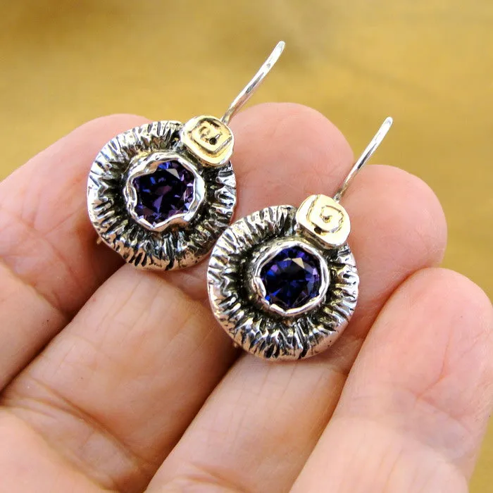 Hadar Designers Amethyst Earrings CZ 9k Yellow Gold 925 Silver Handmade () LAST