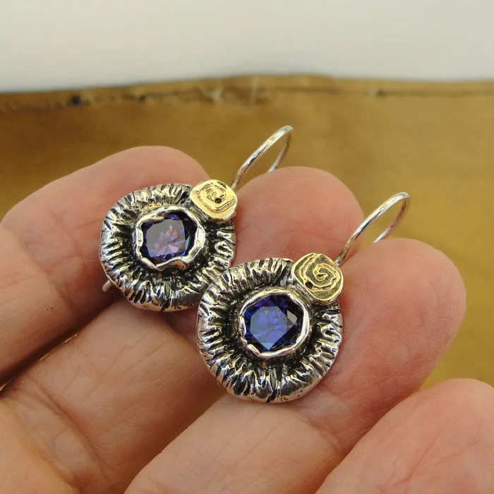 Hadar Designers Amethyst Earrings CZ 9k Yellow Gold 925 Silver Handmade () LAST