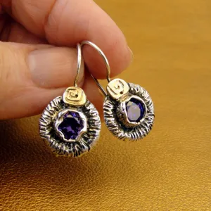 Hadar Designers Amethyst Earrings CZ 9k Yellow Gold 925 Silver Handmade () LAST