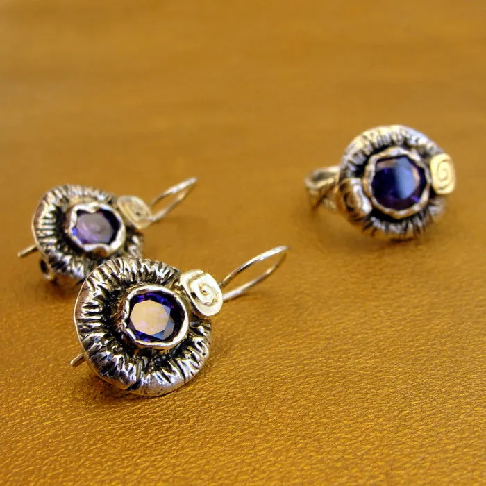 Hadar Designers Amethyst Earrings CZ 9k Yellow Gold 925 Silver Handmade () LAST