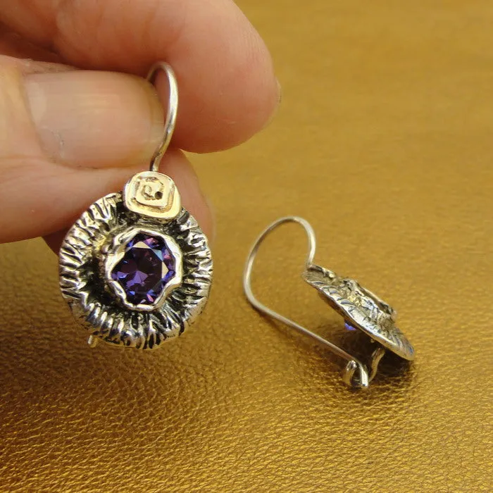 Hadar Designers Amethyst Earrings CZ 9k Yellow Gold 925 Silver Handmade () LAST