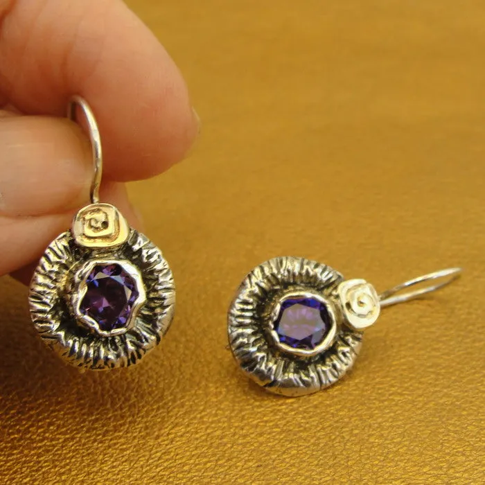 Hadar Designers Amethyst Earrings CZ 9k Yellow Gold 925 Silver Handmade () LAST