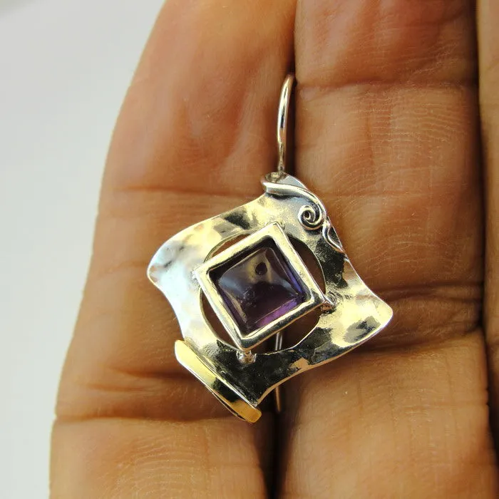 Hadar Designers Amethyst Earrings Handmade 9k Gold 925 Silver (MS 351)