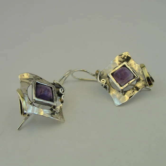 Hadar Designers Amethyst Earrings Handmade 9k Gold 925 Silver (MS 351)