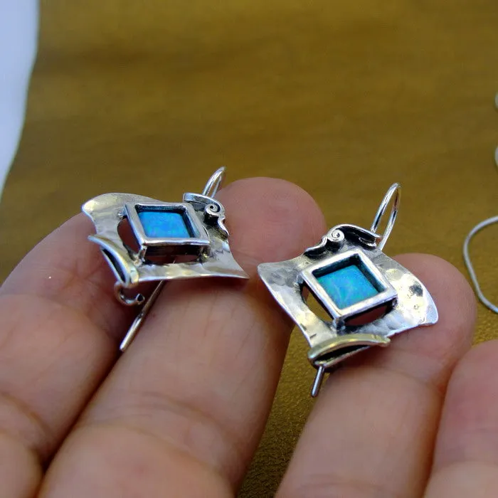 Hadar Designers Blue Opal Earrings Handmade 9k Gold 925 Silver (MS 351)