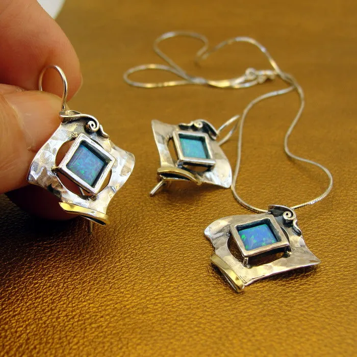 Hadar Designers Blue Opal Earrings Handmade 9k Gold 925 Silver (MS 351)