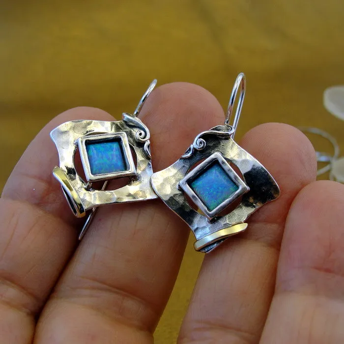 Hadar Designers Blue Opal Earrings Handmade 9k Gold 925 Silver (MS 351)