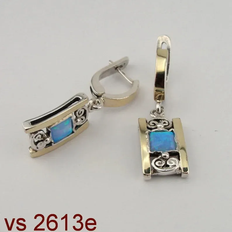 Hadar Designers Blue Opal Earrings, Ring, Pendant Gold Silver SET (S 2613