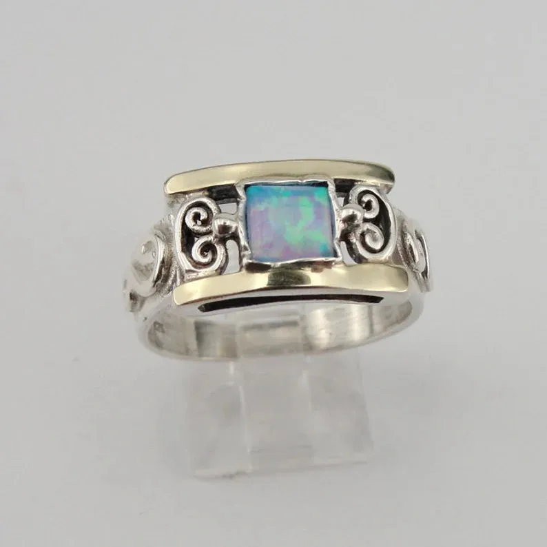 Hadar Designers Blue Opal Earrings, Ring, Pendant Gold Silver SET (S 2613