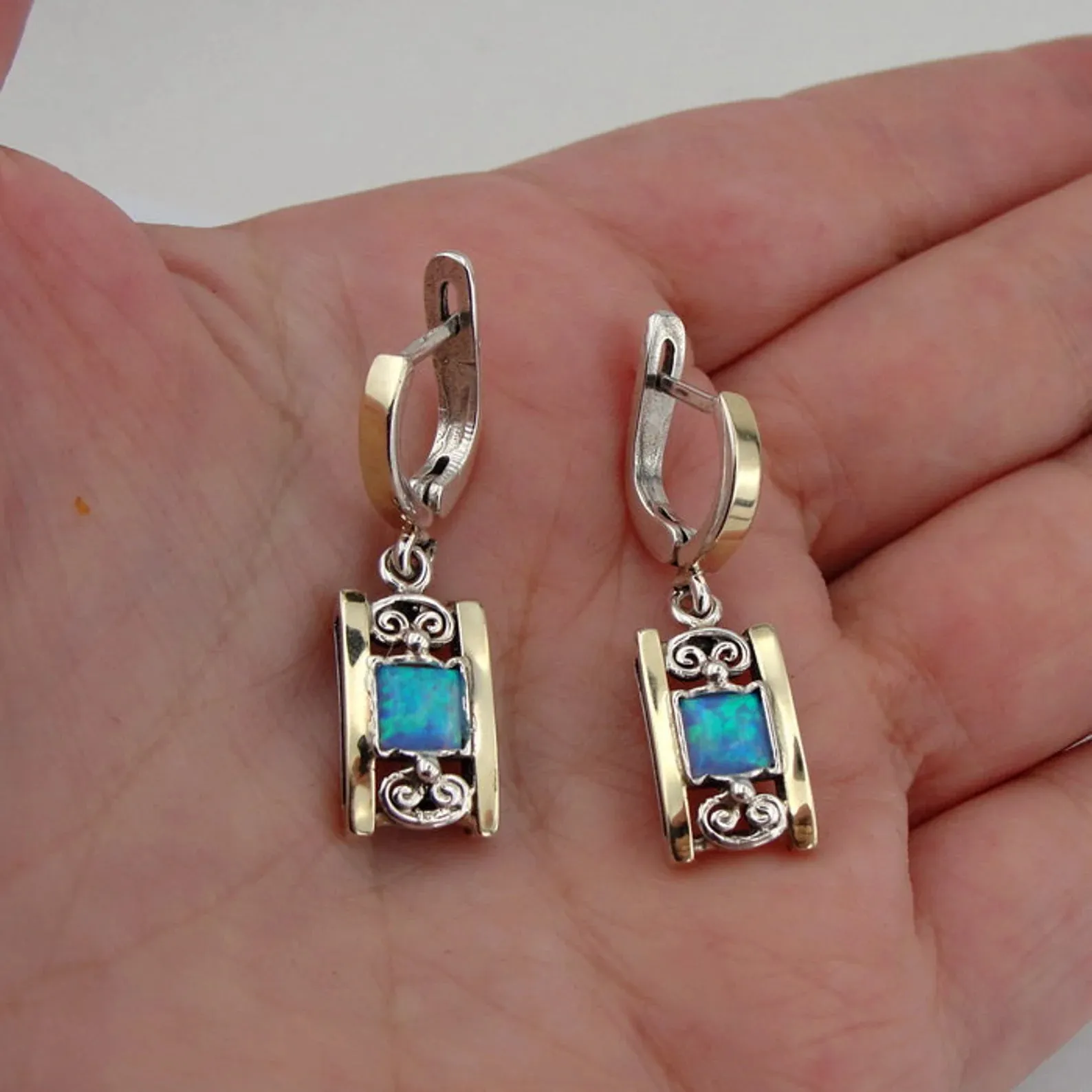 Hadar Designers Blue Opal Earrings, Ring, Pendant Gold Silver SET (S 2613