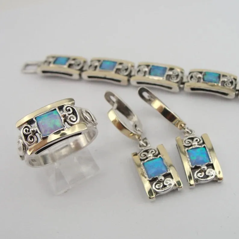 Hadar Designers Blue Opal Earrings, Ring, Pendant Gold Silver SET (S 2613