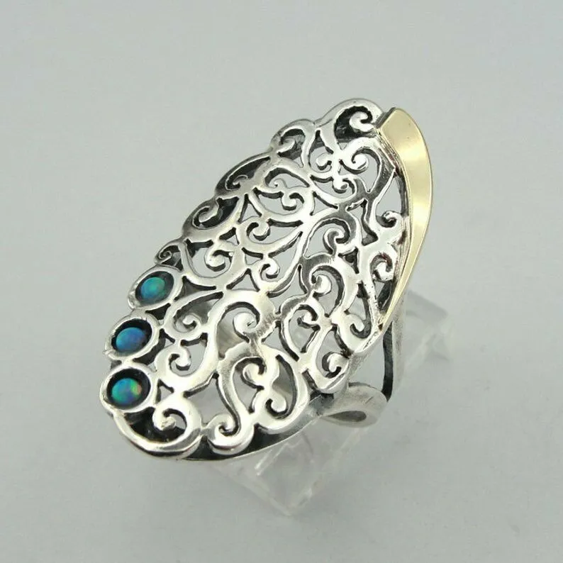 Hadar Designers Blue Opal Ring Filigree 9k Gold Sterling Silver 6,7,8,9,10 (ms)