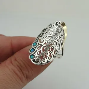 Hadar Designers Blue Opal Ring Filigree 9k Gold Sterling Silver 6,7,8,9,10 (ms)