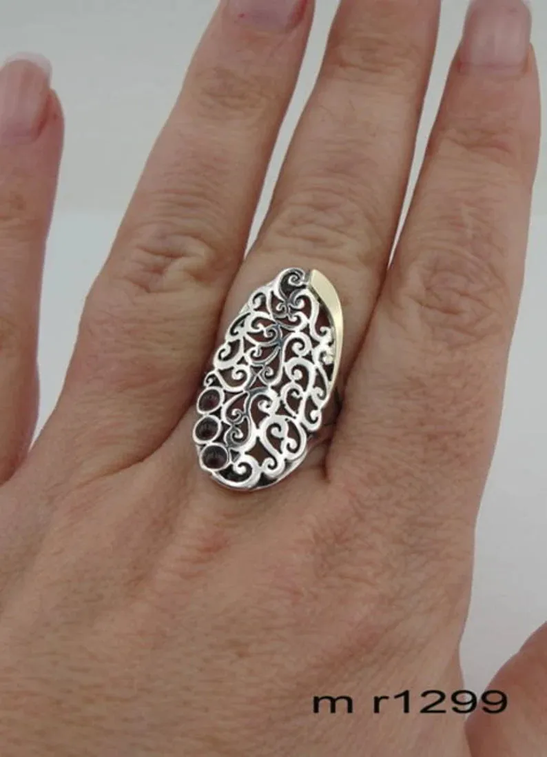 Hadar Designers Blue Opal Ring Filigree 9k Gold Sterling Silver 6,7,8,9,10 (ms)