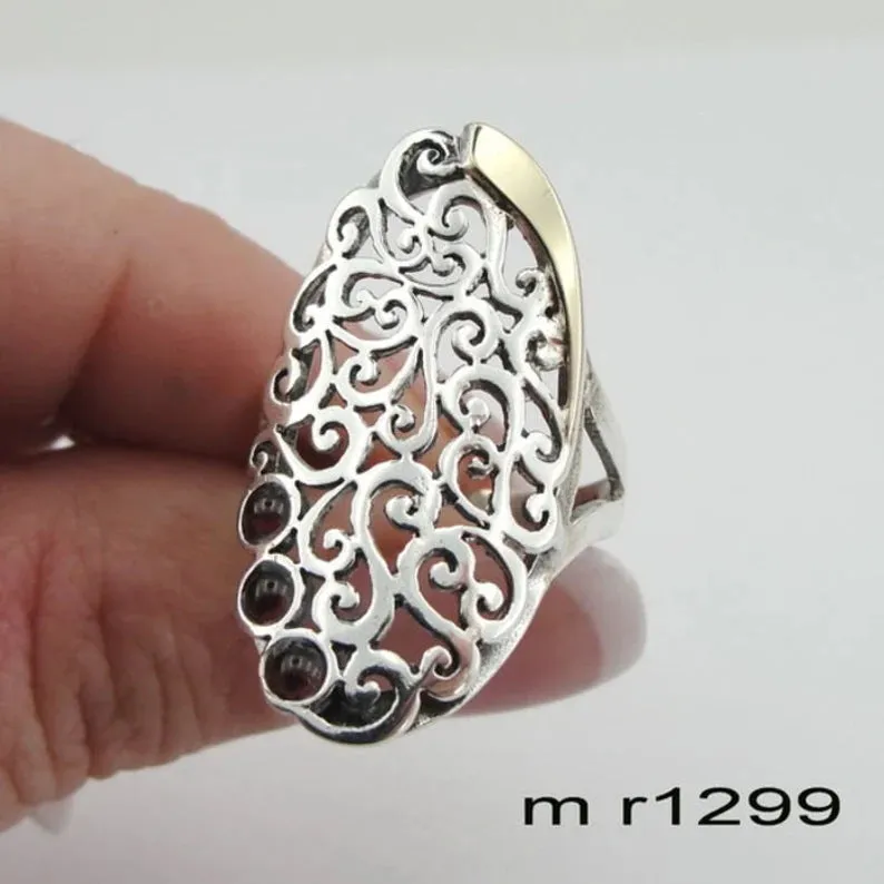 Hadar Designers Blue Opal Ring Filigree 9k Gold Sterling Silver 6,7,8,9,10 (ms)