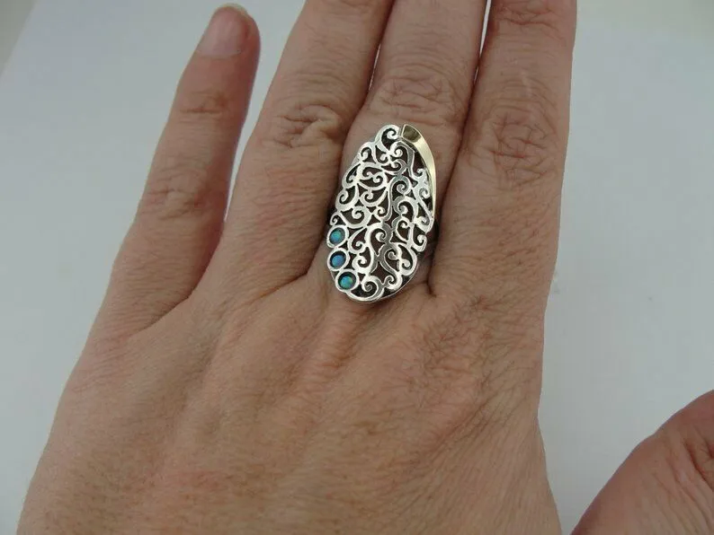 Hadar Designers Blue Opal Ring Filigree 9k Gold Sterling Silver 6,7,8,9,10 (ms)