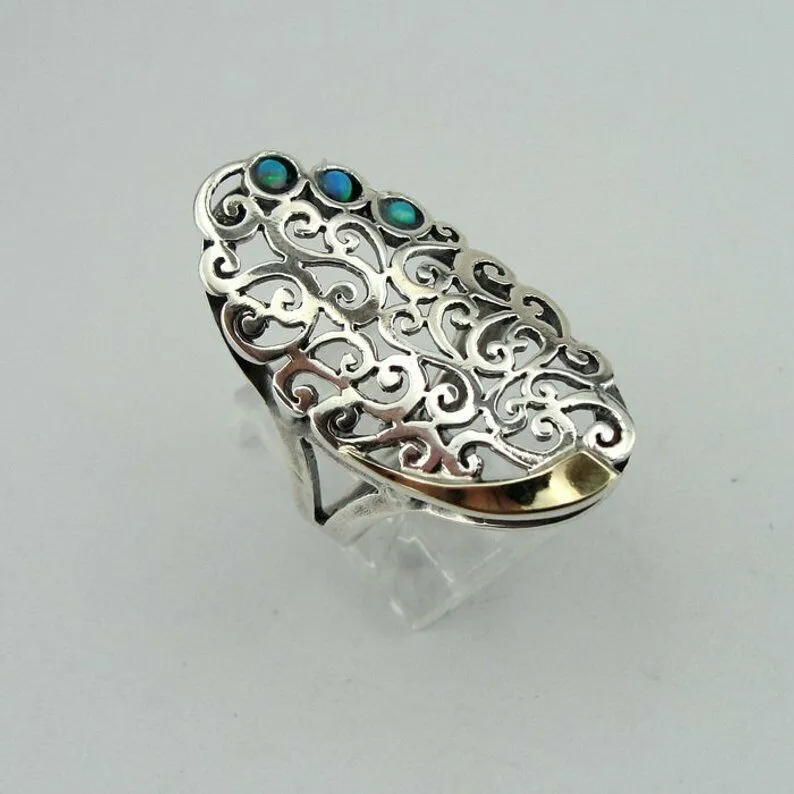 Hadar Designers Blue Opal Ring Filigree 9k Gold Sterling Silver 6,7,8,9,10 (ms)