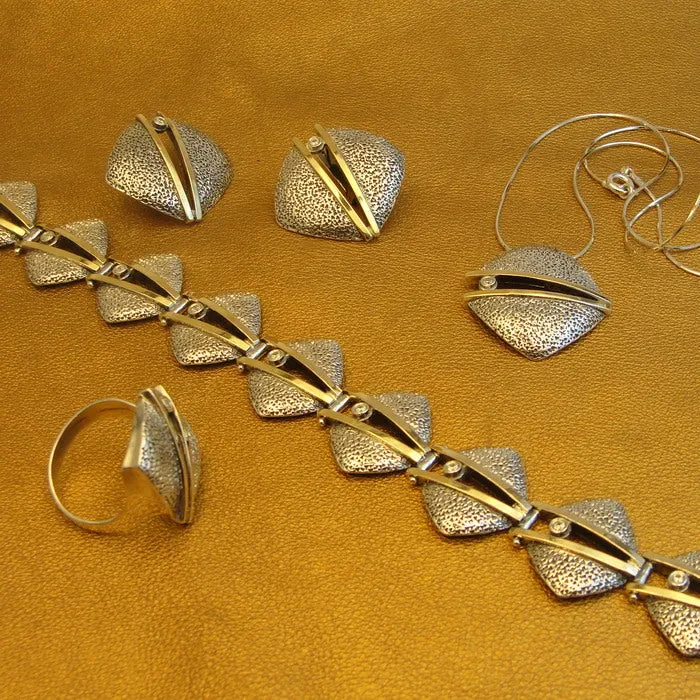 Hadar Designers Earrings 9K Yellow Gold Sterling Silver Zircon Handmade Art (MS)
