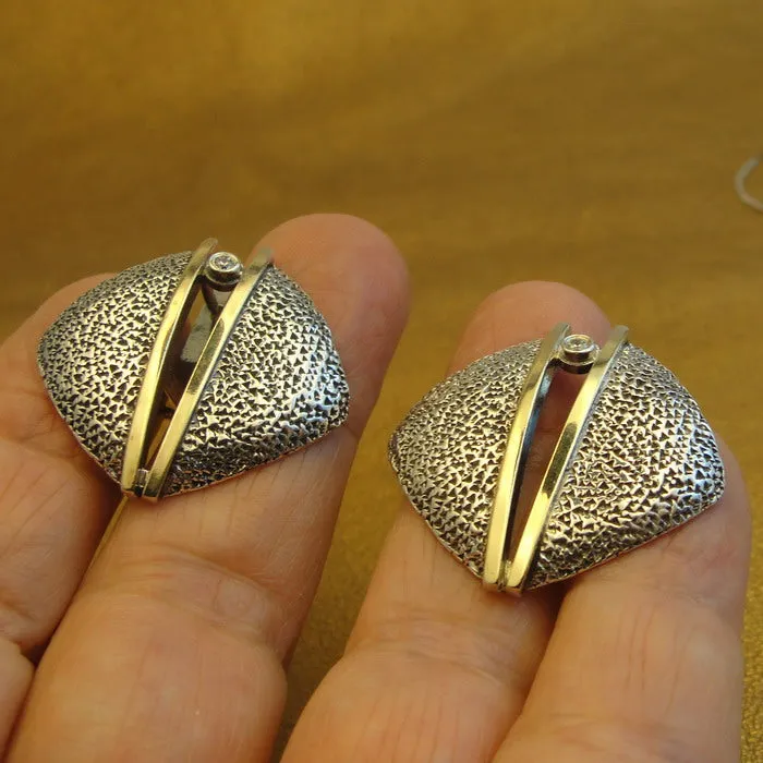 Hadar Designers Earrings 9K Yellow Gold Sterling Silver Zircon Handmade Art (MS)