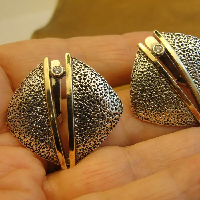 Hadar Designers Earrings 9K Yellow Gold Sterling Silver Zircon Handmade Art (MS)