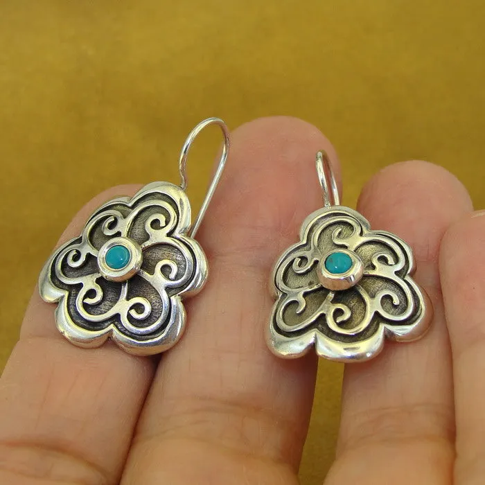 Hadar Designers Floral 925 Sterling Silver Turquoise Earrings Handmade () LAST
