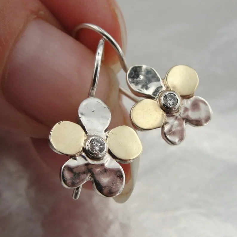 Hadar Designers Floral Earrings Handmade 9k Yellow Gold Sterling Silver (s 2616