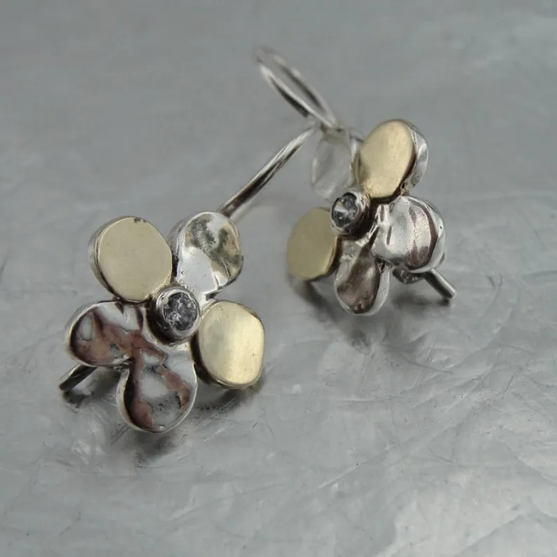 Hadar Designers Floral Earrings Handmade 9k Yellow Gold Sterling Silver (s 2616