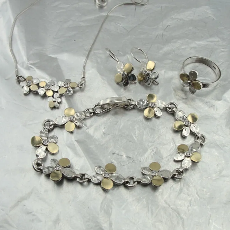 Hadar Designers Floral Earrings Handmade 9k Yellow Gold Sterling Silver (s 2616