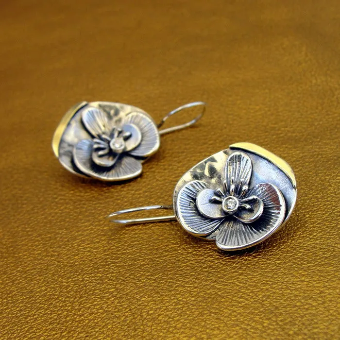 Hadar Designers Floral Zircon Earrings 9k yellow Gold Sterling Silver (MS) SALE