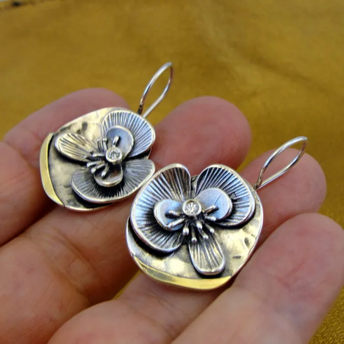 Hadar Designers Floral Zircon Earrings 9k yellow Gold Sterling Silver (MS) SALE