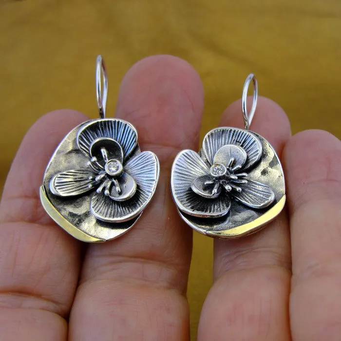 Hadar Designers Floral Zircon Earrings 9k yellow Gold Sterling Silver (MS) SALE
