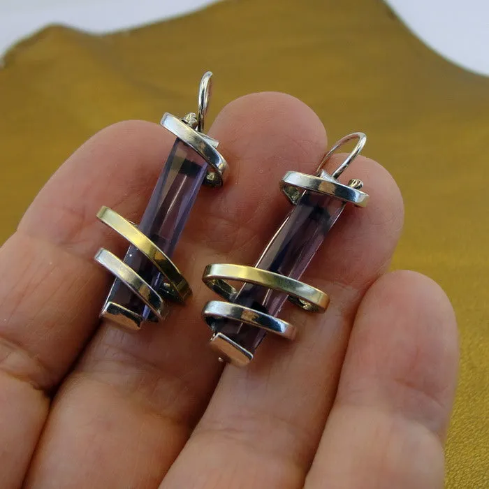 Hadar Designers Gift Handmade 9k Yellow Gold 925 Silver Amethyst CZ Earrings (MS 673