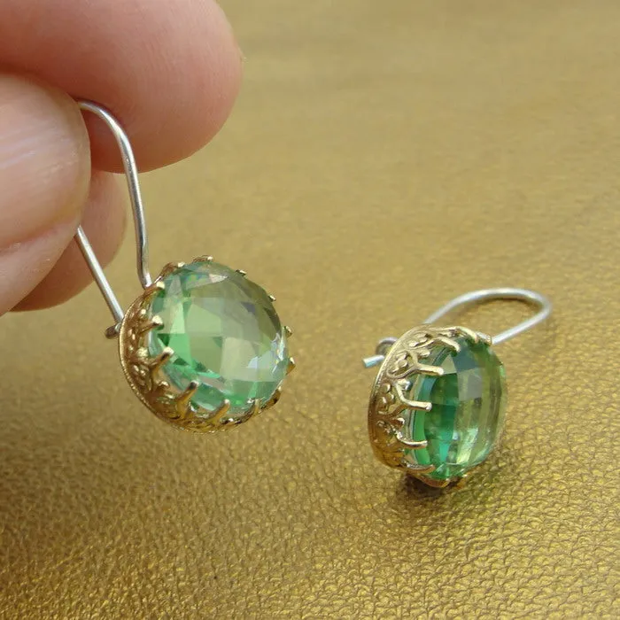 Hadar Designers Green Amethyst Filigree Earrings 9K Gold Sterling Silver (I r373