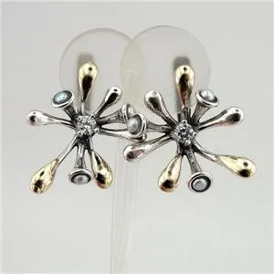 Hadar Designers Handmade 9k Yellow Gold Sterling Silver Pearl Zircon Earrings (S