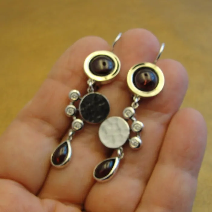 Hadar Designers long garnet zircon earrings 9k yellow gold silver handmade (ms