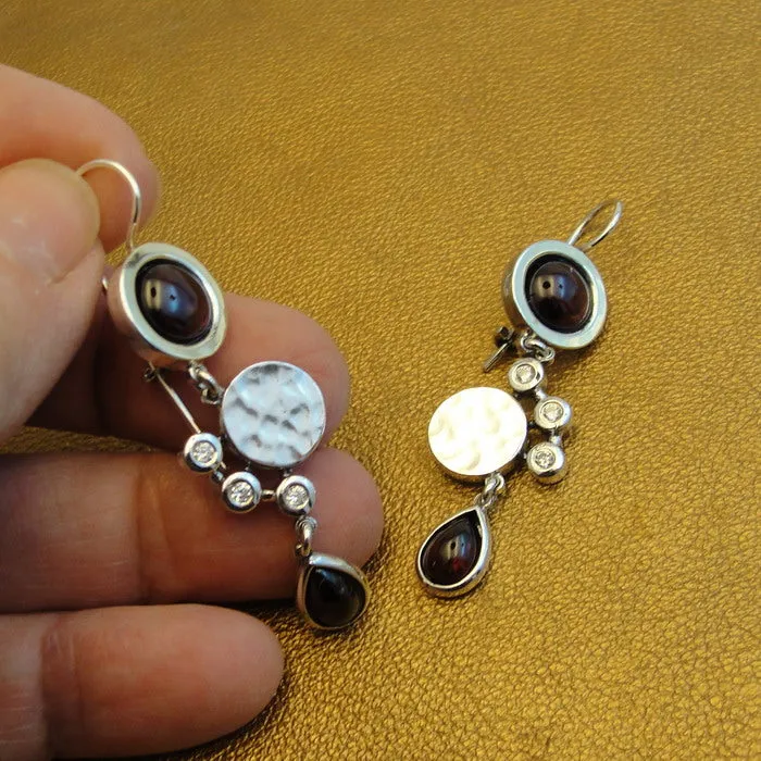 Hadar Designers long garnet zircon earrings 9k yellow gold silver handmade (ms