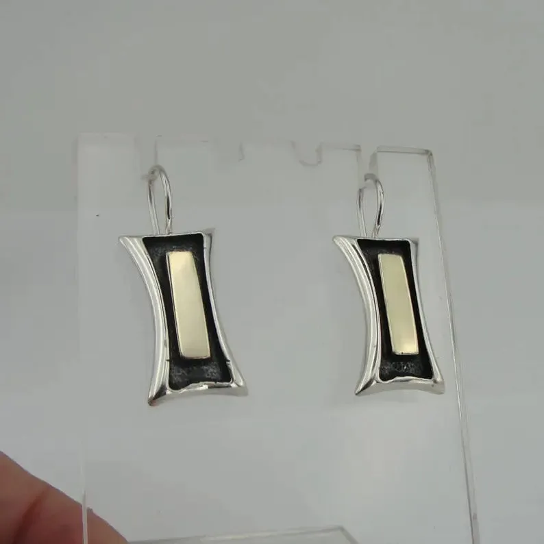 Hadar Designers Modern Earrings 9K Yellow Gold Sterling Silver Handmade (s 2608)