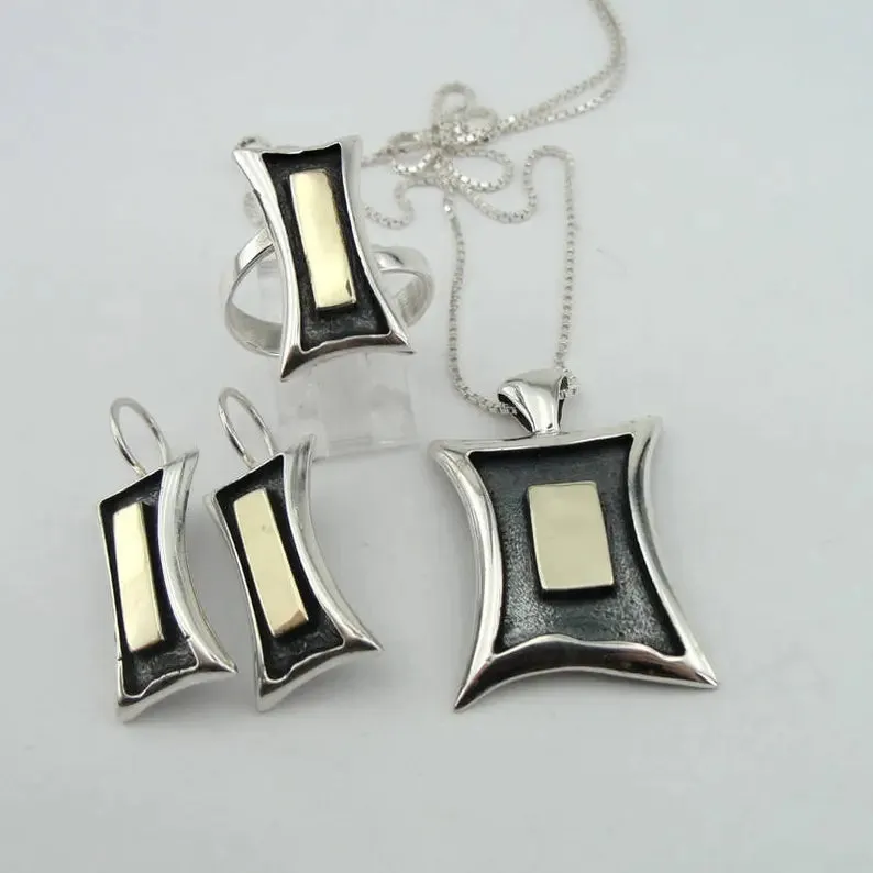 Hadar Designers Modern Earrings 9K Yellow Gold Sterling Silver Handmade (s 2608)