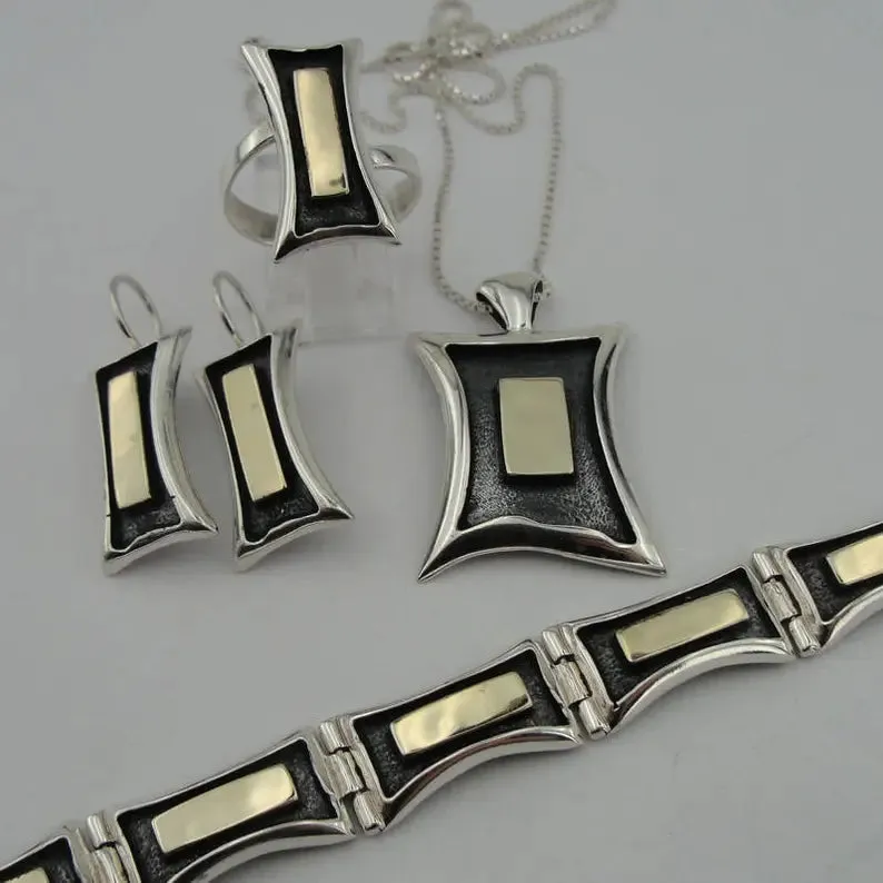 Hadar Designers Modern Earrings 9K Yellow Gold Sterling Silver Handmade (s 2608)