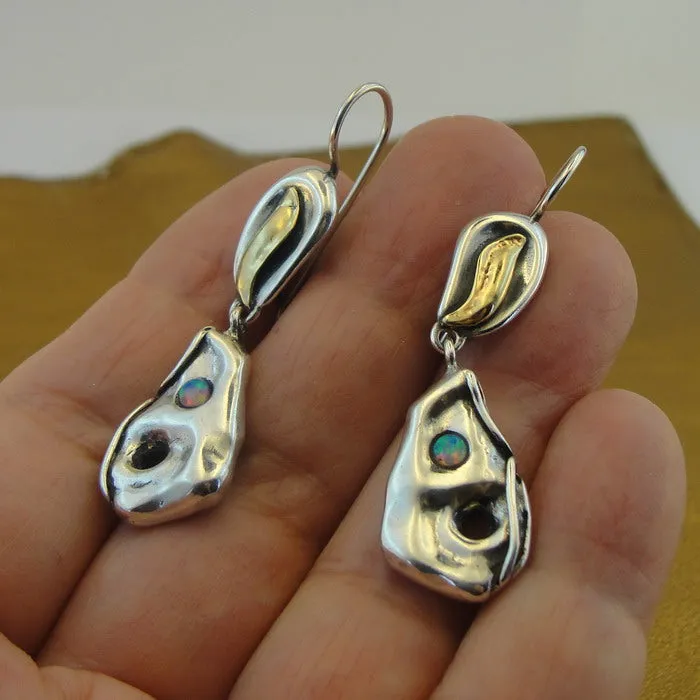 Hadar Designers Opal Earrings 9k Yellow Gold 925 Silver Handmade Artistic (MS) y