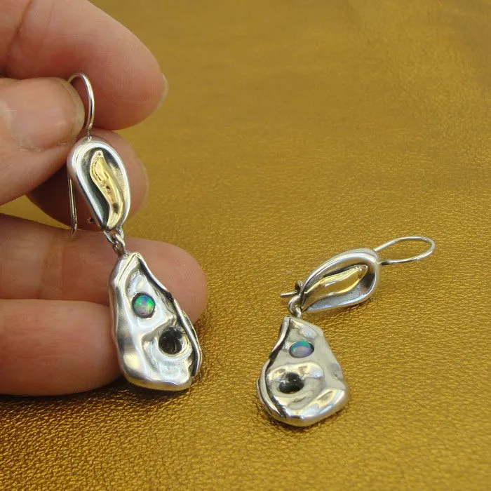 Hadar Designers Opal Earrings 9k Yellow Gold 925 Silver Handmade Artistic (MS) y