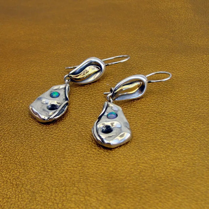 Hadar Designers Opal Earrings 9k Yellow Gold 925 Silver Handmade Artistic (MS) y