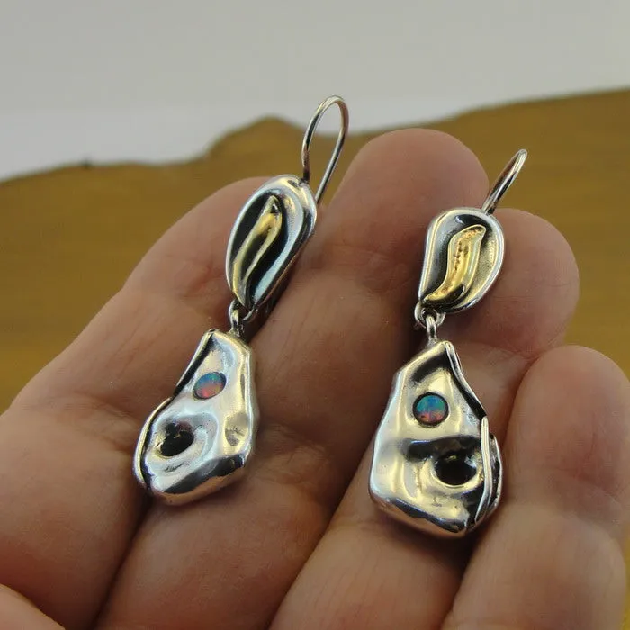 Hadar Designers Opal Earrings 9k Yellow Gold 925 Silver Handmade Artistic (MS) y