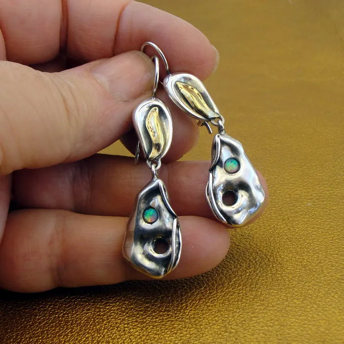 Hadar Designers Opal Earrings 9k Yellow Gold 925 Silver Handmade Artistic (MS) y