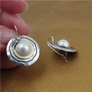 Hadar Designers Pearl Zircon Earrings 9k Yellow Gold 925 Sterling Silver(ms)