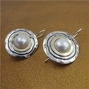 Hadar Designers Pearl Zircon Earrings 9k Yellow Gold 925 Sterling Silver(ms)
